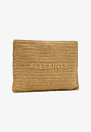 Prostokątna pleciona kopertówka ze słomy z wypukłym napisem "ALLSAINTS" na środku frontu w dopasowanych naturalnych odcieniach.