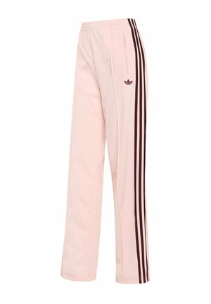 Różowe spodnie dresowe z czarnymi paskami po bokach, elastycznym pasem i małym logo; wykonane z gładkiej, lekkiej tkaniny.