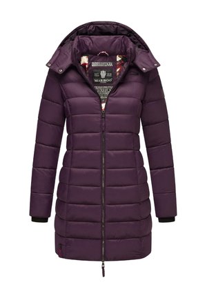 Giacca puffer viola con chiusura a zip, maniche lunghe e polsini a coste. L'interno presenta una fodera a motivo e un cappuccio regolabile.
