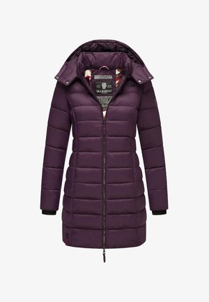 Paarse pufferjack met een rits sluiting, lange mouwen en geribbelde boorden. Het interieur heeft een patroonvoering en een verstelbare capuchon.