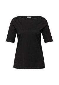 Sort kortærmet dame-T-shirt med rund halsudskæring, lavet af glat stof, vist mod en hvid baggrund.