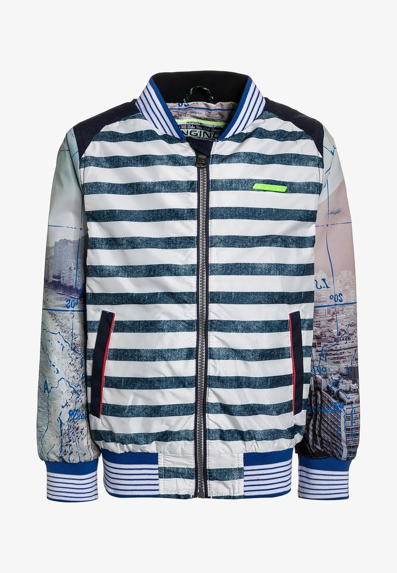 Veste bomber rayée avec des couleurs bleues et blanches, fermeture éclair sur le devant, poignets côtelés et impression photographique détaillée sur les manches.