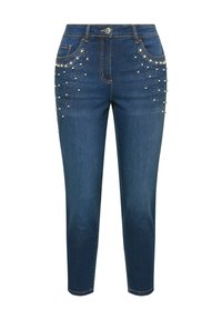 Dunkelblaue Jeans aus Denim mit slim Fit, verziert mit perlenähnlichen Akzenten in der Nähe der Taschen und metallischen Beschlägen an der Taille.