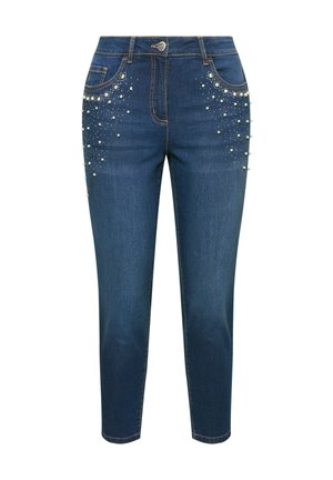 Dunkelblaue Jeans aus Denim mit slim Fit, verziert mit perlenähnlichen Akzenten in der Nähe der Taschen und metallischen Beschlägen an der Taille.