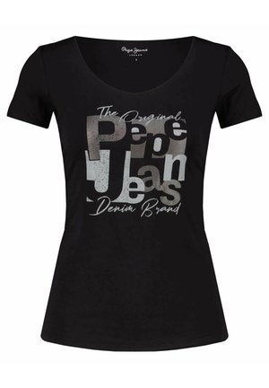 Schwarzes, kurzärmliges, eng anliegendes T-Shirt mit Rundhalsausschnitt, auf der Vorderseite mit abgenutztem silbernen und grauen Text "Die Original Pepe Jeans Denim Marke".