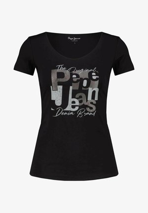 Schwarzes, kurzärmliges, eng anliegendes T-Shirt mit Rundhalsausschnitt, auf der Vorderseite mit abgenutztem silbernen und grauen Text "Die Original Pepe Jeans Denim Marke".