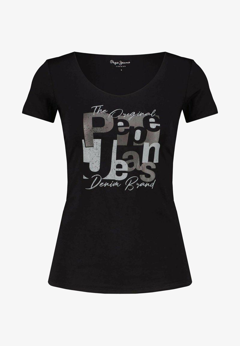Black short-sleeve fitted T-shirt with scoop neck, featuring distressed silver and gray text "The Original Pepe Jeans Denim Brand" on the front.
