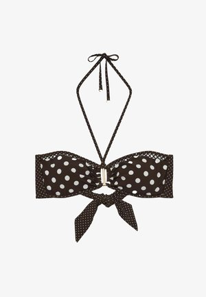 Must valge täpimustriga bikinitop, kaelusest seotud, esikinnise ja keskel tagaküljel lipsudetailiga.