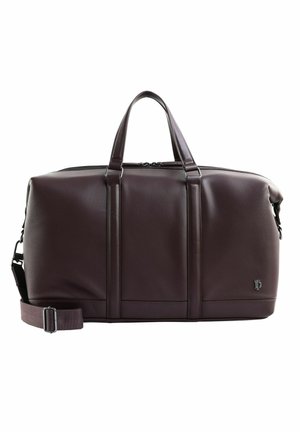 Sac polochon en cuir brun foncé avec deux poignées, fermeture éclair, bandoulière amovible et petit logo métallique en bas à droite à l'avant.