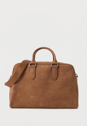 Brown leather briefcase with dual handles and an adjustable shoulder strap against a plain light background.