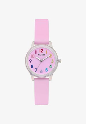 Roze rubberen horloge met een heldere kast, kleurrijke cijfers en zilveren wijzers op een roze wijzerplaat. Bevat een kroon van roestvrij staal.