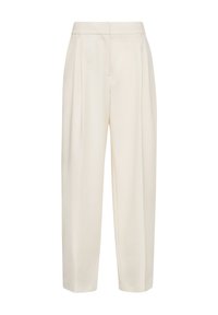 Beige high-waisted broeken met plooien, taps toelopende benen en een gladde textuur. Inclusief zijzakken en een minimalistisch ontwerp.