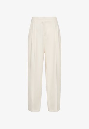 Beige high-waisted broeken met plooien, taps toelopende benen en een gladde textuur. Inclusief zijzakken en een minimalistisch ontwerp.
