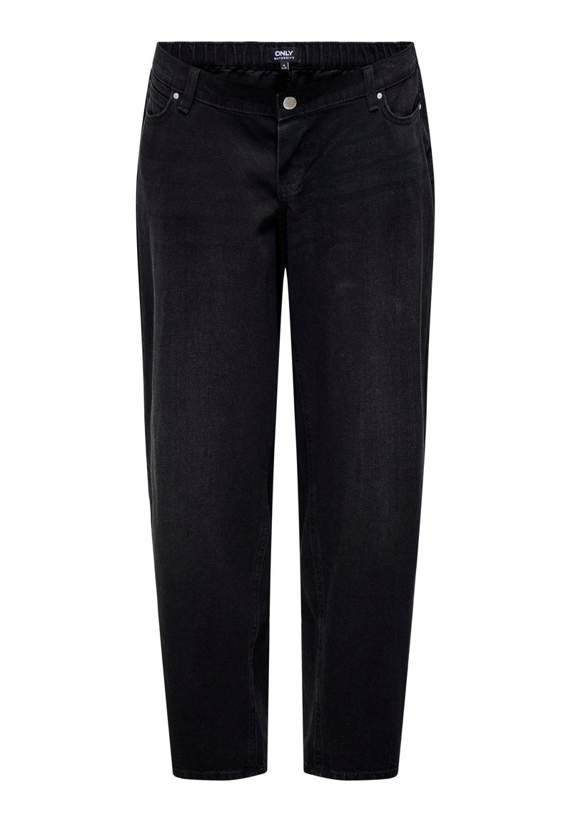 Pantalon en denim noir avec une ceinture élastique, coupe droite, deux poches avant et une poche arrière unique. Tissu durable avec des coutures minimales.