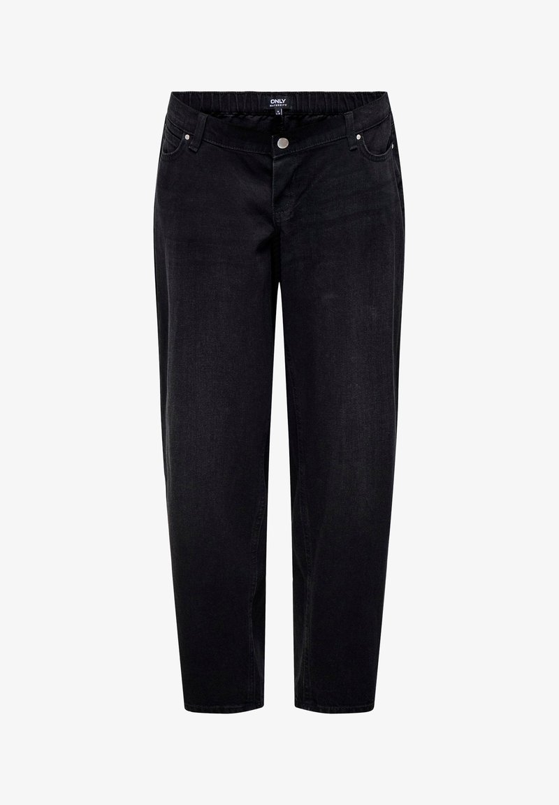Pantalon en denim noir avec une ceinture élastique, coupe droite, deux poches avant et une poche arrière unique. Tissu durable avec des coutures minimales.