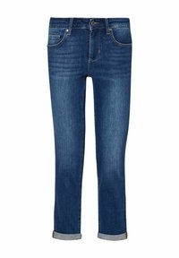 Jeans de denim azul oscuro con corte recto, costuras visibles y puños enrollados. Diseño de cinco bolsillos con cierre de botón y lazos para cinturón.