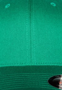 Gorra de béisbol verde con un tejido texturizado sólido, diseño de seis paneles y una visera curva. Contiene una etiqueta de logo circular en la parte inferior.