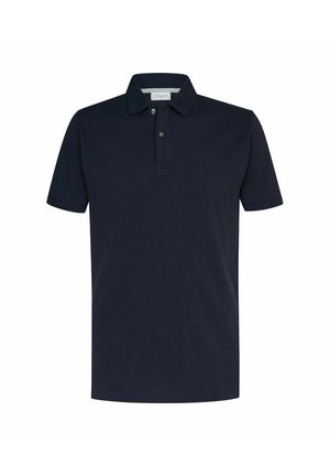 Marineblauw poloshirt met een kraag, korte mouwen en een twee-knopenbies, gemaakt van een gestructureerde katoenen stof.