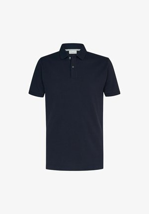 Polo azul marino con cuello de solapa, mangas cortas y tapeta con dos botones, fabricado con material de algodón texturizado.