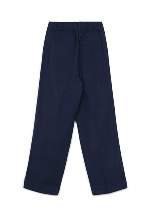 Pantaloni blu navy con vestibilità comoda, vita elasticizzata e risvolti arrotolati, dotati di due tasche posteriori e una texture liscia.