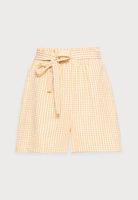 Žluté a bílé šortky s kostkovaným vzorem, s nařaseným pasem, nastavitelným páskem na zavazování a volným střihem. Bavlněná látka, hladká textura.