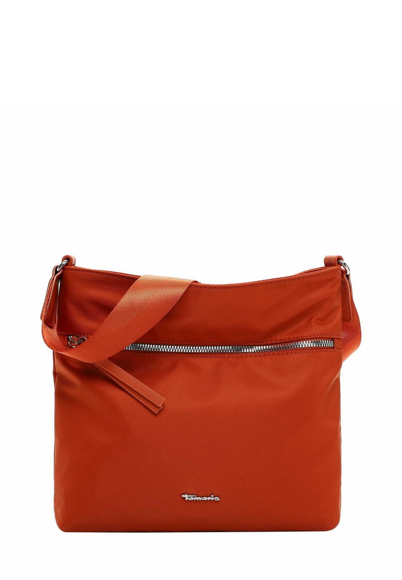 Orange nylon shoulder bag with a zippered front pocket and shoulder strap. Features a logo tag and smooth texture.