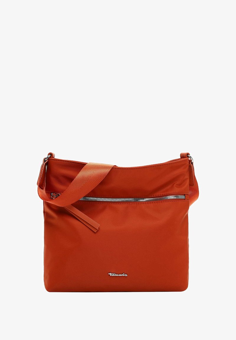 Oranssi nailoninen olkalaukku, jossa on vetoketjullinen etutasku ja olkahihna. Mukana on logotagi ja sileä pinta.