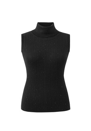 Pull sans manches noir à col roulé, avec une texture côtelée et des accents subtils de paillettes sur tout le tissu pour plus de détails.