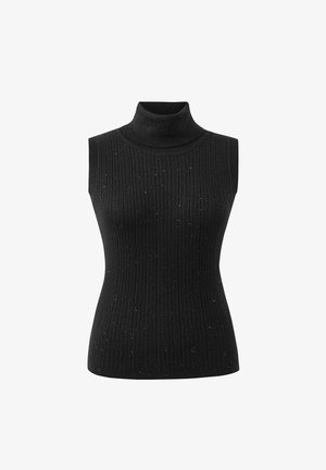 Black sleeveless turtleneck sweater featuring ribbed texture and subtle glitter accents throughout the fabric for added detail.