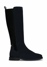 Knestøvlene er laget av mørk marinefarget stoff med en teksturert finish, og har ribbede svarte sider, rund tå og flate svarte såler.