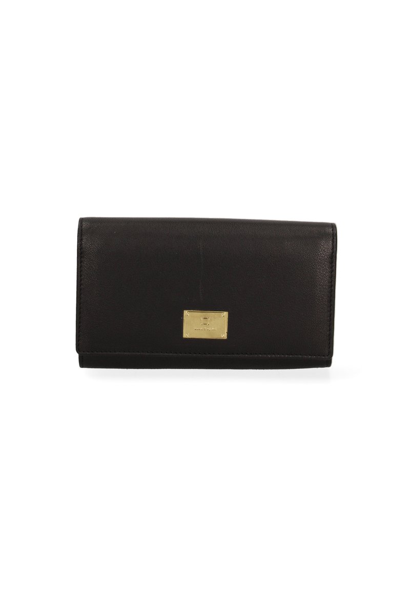 Black leather wallet with a smooth texture, rectangular shape, and a gold-tone hardware accent on the front. Minimalist design.
