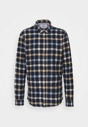 Flanellhemd mit Button-down-Kragen, ausgestattet mit einem karierten Muster in Marineblau, Hellblau und Beige. Weiche Textur, lange Ärmel und Holzknöpfe.