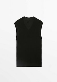 Schwarzes, ärmelloses Oberteil mit strukturiertem Rippdesign. Mit V-Ausschnitt und geradem Saum. Einfaches Design ohne Muster oder Verzierungen.