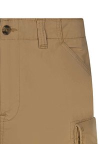 Pantaloni cargo beige chiaro con chiusura a button, tasche laterali e dettagli di cucitura a vista. Realizzati in un tessuto resistente con una consistenza liscia.