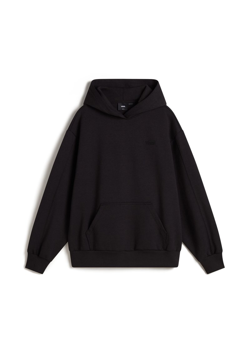 Sudadera con capucha negra hecha de una tela suave, con un bolsillo en la parte delantera y puños y dobladillo acanalados. Logo sutil en el pecho.
