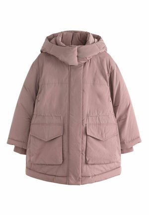 Gefütterter rosa Mantel mit hohem Kragen, großen Fronttaschen und glatter Textur. Verfügt über einen Reißverschluss und weite Ärmel.