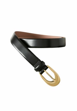 Schwarzer Ledergürtel mit einer eleganten, glatten Oberfläche und einer ovalen goldfarbenen Schnalle. Die Innenseite hat eine kontrastierende hellbraune Farbe.