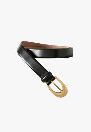 Black leather belt featuring a sleek, smooth texture and a gold-toned oval buckle. The inner side is a contrasting tan color.