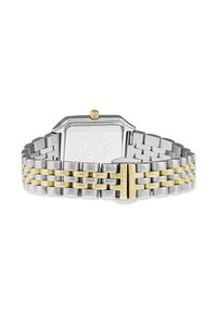 Edelstahlarmbanduhr mit rechteckigem Zifferblatt, goldenen Akzenten und einem zweifarbigen Metallarmband mit silbernen und goldenen Gliedern.