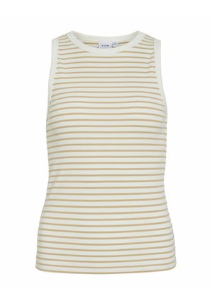 Camiseta sin mangas de canalé con rayas horizontales beige y blancas y cuello redondo.