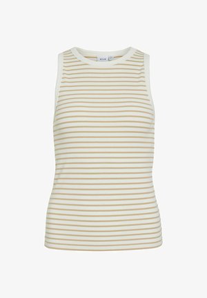 Ermeløs ribbestrikket tanktopp med beige og hvite horisontale striper og rund hals.