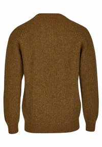 Gestrickter Pullover mit einem strukturierten Muster in Braun- und Senfton, mit langen Ärmeln sowie gerippten Bündchen und Saum.