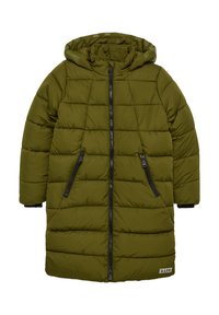 Groene pufferjack met een ritssluiting aan de voorkant, twee zijzakken en een capuchon. Heeft een gewatteerd ontwerp en zwarte ritsdetails. Merkenlabel aan de zoom.