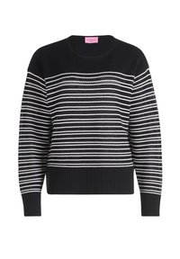 Gestreifter Pullover in Schwarz und Weiß mit geripptem Saum, Rundhalsausschnitt und gestrickter Textur, die durchgehend offene Musterakzente aufweist.