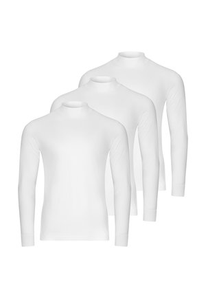 Tre magliette a collo alto a manica lunga, bianche e semplici, disposte in formazione sfalsata su uno sfondo bianco.