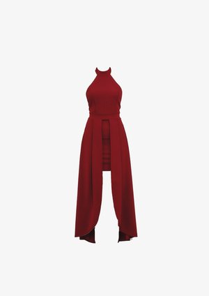 Pántos nyakú piros ruha, testhez simuló felsőrésszel és fodros, elöl nyitott szoknyával. Simogató anyagból készült, derekán kivágott részletekkel.