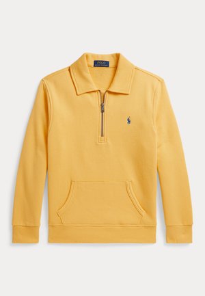 Gul langærmet pullover med lynlåskrave, frontlomme og lille blåt Polo Ralph Lauren-logo på venstre bryst.
