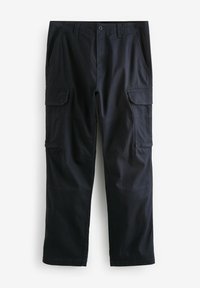 Pantalones cargo azul oscuro con múltiples bolsillos, fabricados en tejido resistente, con un diseño de pierna recta y detalles de costura expuesta.