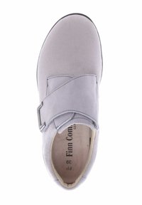 Gray suede shoe with a velcro strap, rounded toe, and light inner lining. Features a textured surface and metal hardware detail.
