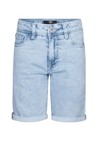 Světle modré džíny šortky s ohrnutými lemy, mají standardní kapsy a zapínání na knoflík. Tkanina má jemnou texturu s jemným osvěžením.